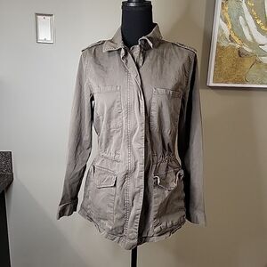 HINGE Utility Jacket Woman Size S Army Olive Gray Button Front Drawstring Waist